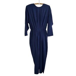 Vintage Luci Fellini Navy Blue One Piece Jumpsuit Long Sleeve Button Size 14